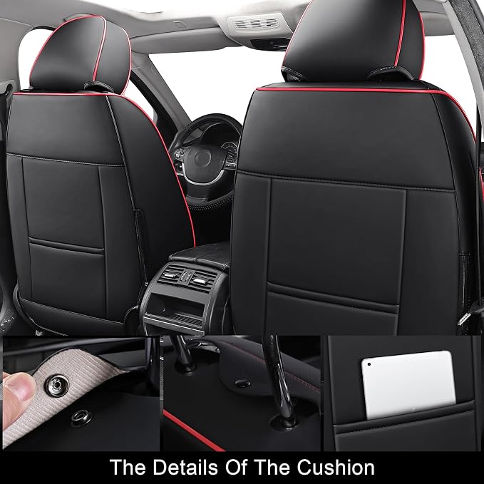 Aierxuan 2 Front Seat Covers Waterproof Leather Full Coverage, Black-Red | Universal Fit Toyota 4Runner Corolla Chr Focus Fiesta Fusion Escape Explorer Audi Q3 Q5 K900 Forte Sedona Stinger
