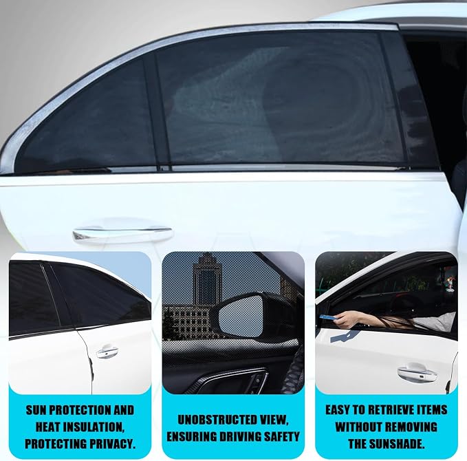 Car Window Sun Shade Cover 4PCS, Breathable Mesh Side Window Sunshade with UV Protection, Privacy Screen, Mosquito Net Curtain, Reduce Sun Glare & Heat, Cover Full Window for Most SUVs Sedans