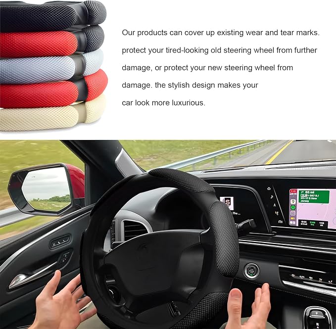 Car Steering Wheel Cover, 15" Breathable Ice Silk Auto Wheel Protector with Comfortable Grip, Anti-Slip Slip-on Steering Wheel Wrap Soft Hand Pad Cushion for Women Men (Black)