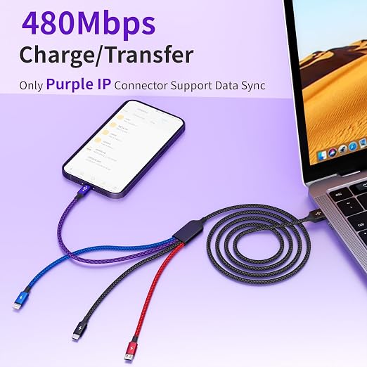 4 in 1 Multi Charging Cable, 2 Pack 5FT Dual IP Charging Cords | USB Cable with IP/IP, USB C & Micro Ports, Nylon Braided Phone Charger for Multiple Devices, Travel & Car Use