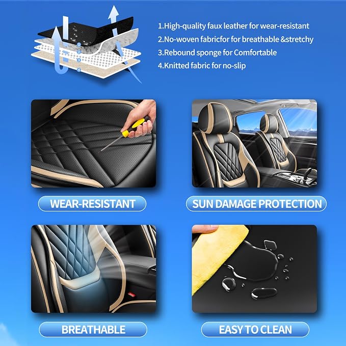 Fit Titan Car Seat Covers Compatible with Nissan Titan 2009-2024 2025 2026-Premium Leather,Waterproof,Breathable,Airbag Compatible &All-Weather Seat Cushion Protecto(5 Seats Full Set,Beige)