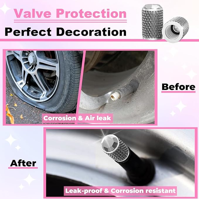 4Pcs Car Tire Valve Stem Caps, Bling Tire Air Cap for Car, Universal Stem Covers, Anodized Aluminum Tires Valve Cap with O Rubber Ring, Crystal Diamond Car Accessories for Women