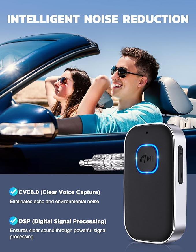 COMSOON Bluetooth Receiver for Car, Noise Cancelling 3.5mm AUX Bluetooth Car Adapter, Wireless Audio Receiver for Home Stereo/Wired Headphones, Hands-Free Call, 16H Battery Life - Black+Silver