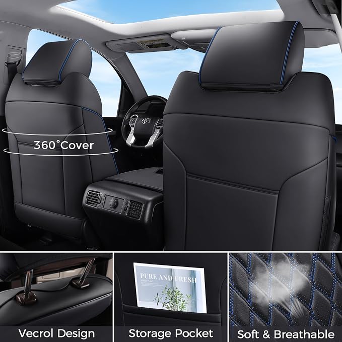 Huidasource Car Seat Covers for Dodge Ram, Front Seat Cushion Waterproof Ram Truck Custom Seat Protector Fit for 2009-2025 Ram 1500, 2010-2025 Ram 2500/3500 Crew/Mega Cab(Concave Front/Black&Blue)