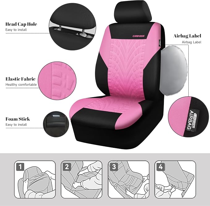 CAR PASS Car Seat Covers Two Front Only for Car, 3D Tyre Print Automotive Interior Covers, Airbag Compatible, Quick Setup Universal Fit Seat Covers for Car, Truck, SUV(Black and Pink)