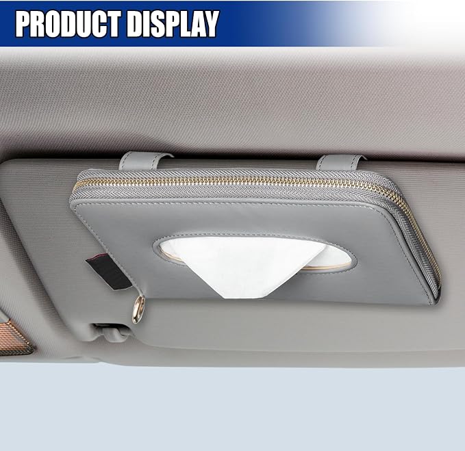 Car Tissue Holder, Leather Car Sun Visor Napkin Box with Tissue Refill, Auto Backseat Paper Carton Mask Dispenser with Zipper, Universal Hanging Vehicle Towel Clip for RV, SUV, Truck (Grey)