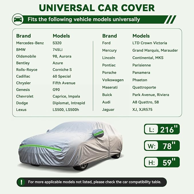 AUQDD 6-Layers Premium Sedan Car Cover Waterproof All Weather Weatherproof UV Sun Protection Snow Dust Storm Resistant Outdoor Exterior Custom Form-Fit Full Padded Car Cover with Straps 205"-214" K5