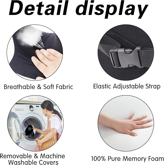 SPRFUFLY U-Shaped Car Headrest Pillow for Sleeping, 100% Memory Foam Car Pillow with Breathable Removable Cover, Ergonomic Design - Ideal Car Companion for Naps & Neck Pain Relief (Black, 1PC)