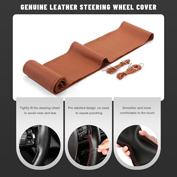 Genuine Leather Steering Wheel Cover, 15 Inch Stitch on Steering Wheel Protector with Needle & Thread, Anti-Slip DIY Sewing Wheels Wrap for Most Vehicles (Brown, Full Hole)