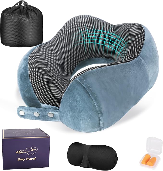Cirorld Neck Pillow for Traveling, Travel Pillows for Airplanes,100% Pure Memory Foam Travel Neck Pillow, Adjustable Flight Pillow, Portable Plane Accessories with Eye Mask, Earplugs, Carry Bag