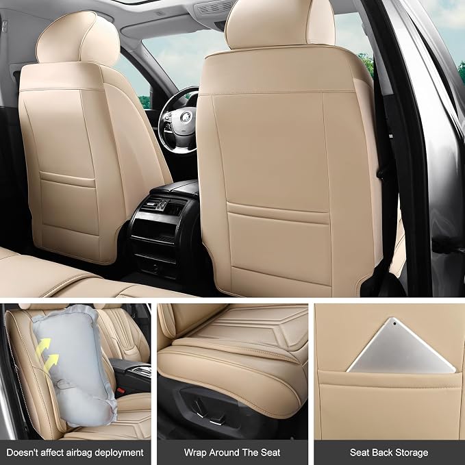 Car Seat Covers Full Set Beige, Premium Leather Car Seat Covers, Waterproof and Breathable Seat Covers, Universal Car Seat Protector Fit for Cars, Trucks, SUVs, Pick-ups