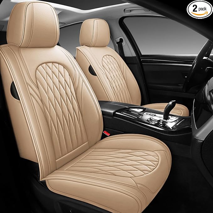 WELLDO Nappa Faux Leather Car Seat Covers Full Set, Beige | Waterproof, Non-Slip Seat Protector, 0.28in Thickened Cushion, Airbag Compatible, Universal for Cars SUV Truck Pickup