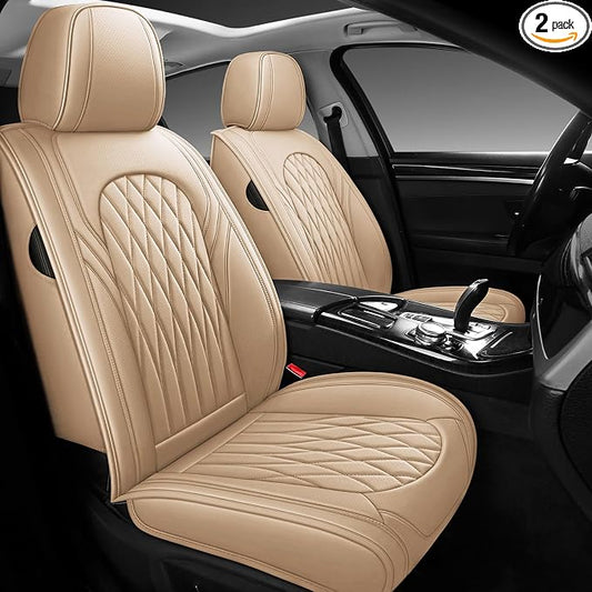 WELLDO Nappa Faux Leather Car Seat Covers Full Set, Beige | Waterproof, Non-Slip Seat Protector, 0.28in Thickened Cushion, Airbag Compatible, Universal for Cars SUV Truck Pickup