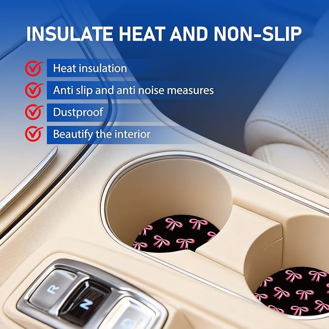 Car Coasters for Cup Holders, Car Cup Holder Coaster, Cute Car Accessories for Women Interior, 2 Pack 2.75" Anti Slip Silicone Cup Mat - Black Pink Ribbon Bow (Black Bows)