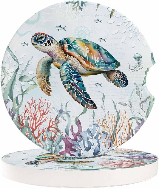 Small Coasters for Cup Holders 2.6" Dia Absorbent Set of 2 Car Interior Accessories for Women Men Summer Ocean Sea Turtle Ceramic Coaster for Drinks With Finger Grooves