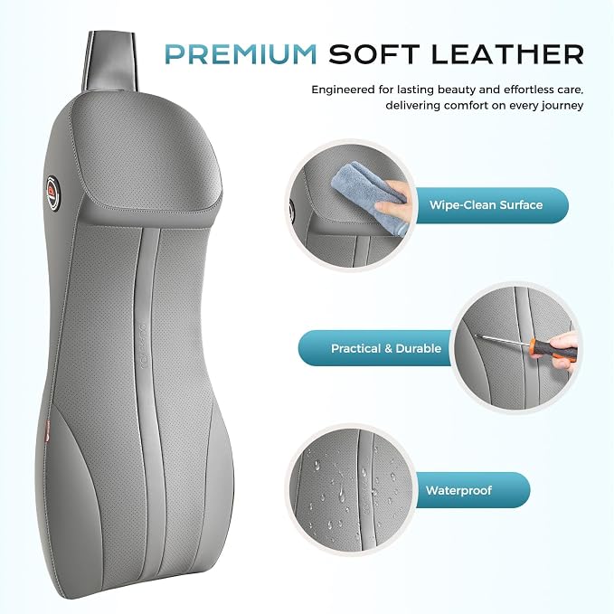 Coverado Upgraded Lumbar Support Pillow and Car Neck Pillow, Ergonomic Memory Foam Integrated Car Cushion Back Neck Support Pillow, Soft Leather Cushion Back Pain Relief for Car Seat Driving, Gray