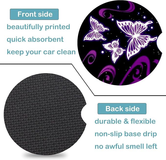 2 Pack Butterfly Car Cup Holder Coasters Universal Neoprene Coasters | 2.75" Universal Size Anti Slip Rubber Mat, Auto Cup Holder Accessories for SUV Truck, Butterfly Gifts for Women Mom