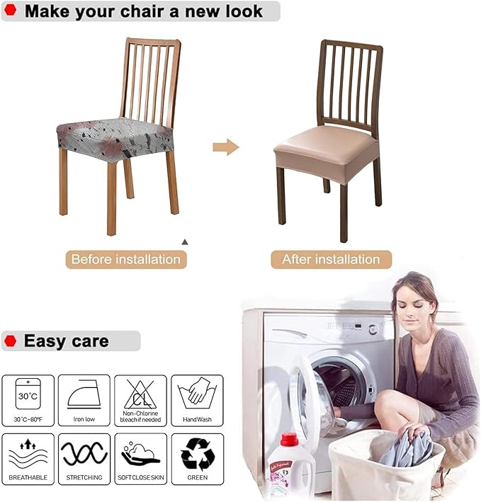 NILUOH Waterproof Seat Covers for Dining Room Chairs Set of 6, Pu Leather Chair Seat Slipcovers Dining Chair Cover Removable Washable Chair Protctor Cover, Rear Covers (PU-Khaki)