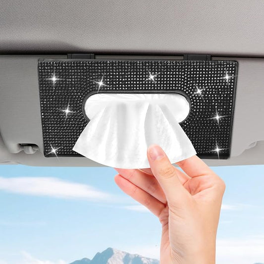 Bling Car Tissue Holder for Sun Visor, Crystal Rhinestone Visor Tissue Box, Leather Vehicle Paper Towel Case, Sparkling Auto Napkin Holder for Women, Car Accessories Decoration (Black)