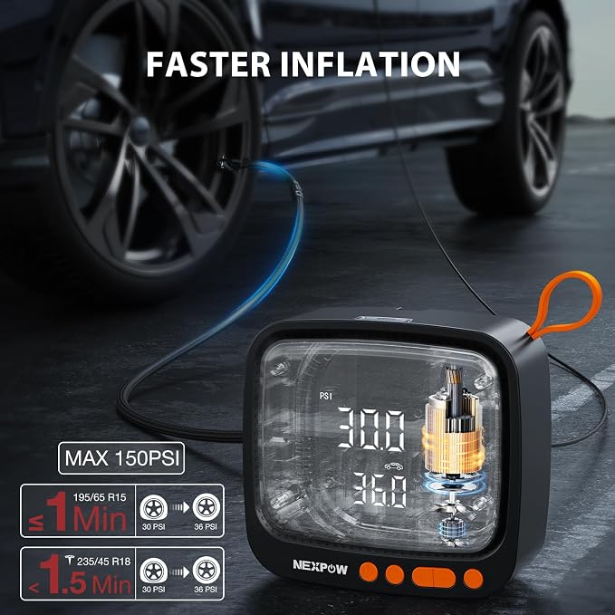 NEXPOW Tire Inflator Portable Air Compressor, 150PSI 12V DC, Orange | Dual Digital Pressure Gauge, Auto Shut-Off, LED Light, For Car, Motorcycle, Bicycle, Ball