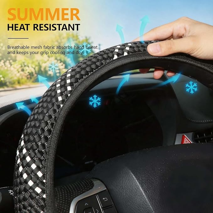 KAFEEK Elastic Mesh Car Steering Wheel Cover, Cute Black White, 15 Inch | Cooling Breathable Fabric, Non Slip Protector for Women Men, Summer Winter, Universal Fit