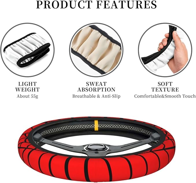 Red Black Spider Web Elastic Steering Wheel Cover Non-Slip Breathable Steering Wheel Protector Fit Auto, SUVs, Truck