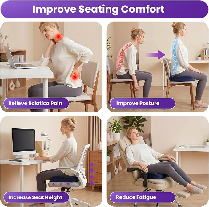 ZZ-WELL Seat Cushions for Office Chairs, Patented Pressure Relief Coccyx Cushion for Tailbone Pain, Memory Foam Butt Pillows for Wheelchair Car Sitting, Carrying Handle, Non-Slip (Navy Blue, Large)