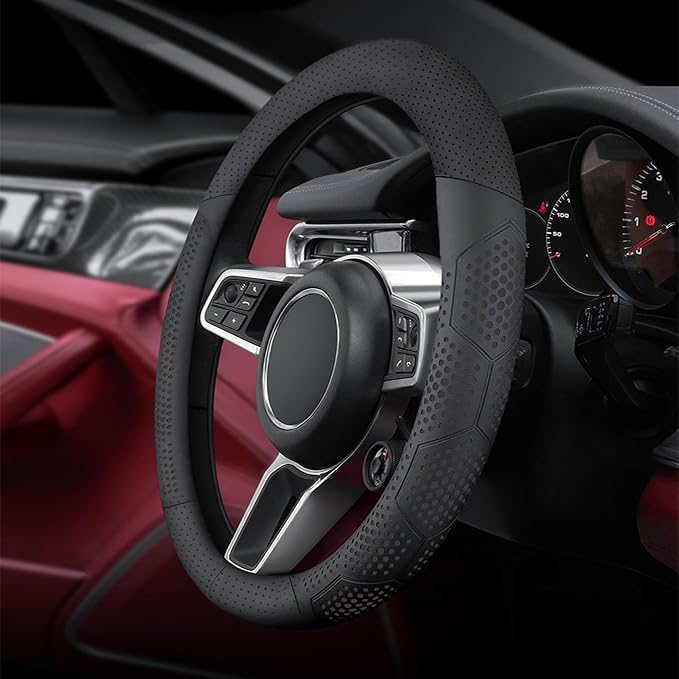 Yangday Leather Steering Wheel Cover for Chevy Silverado 1500 2500 3500, 14.5-15 inches Car Steering Wheel Cover with Non-Slip Breathable (Black)