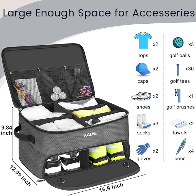 YOREPEK Golf Gifts for Men, 2 Layer Golf Trunk Organizer for 2 Pair Shoes | Waterproof Car Trunk Locker with Separate Ventilated Compartment for Balls, Tees, Clothes, Gloves, Birthday Gifts for Golfers