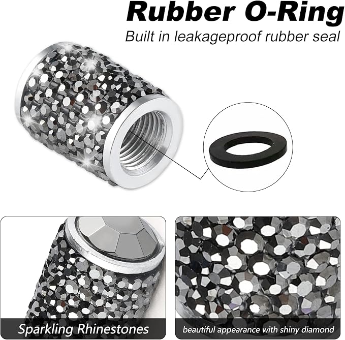Alpmosn Car Wheel Tire Valve Caps, 4 PCS Bling Tire Valve Caps, Crystal Tire Caps Shinny Rhinestone for Women, Universal Car Dustproof Tire Valve Caps for Cars, Trucks, SUV and Motorcycles (Gray)