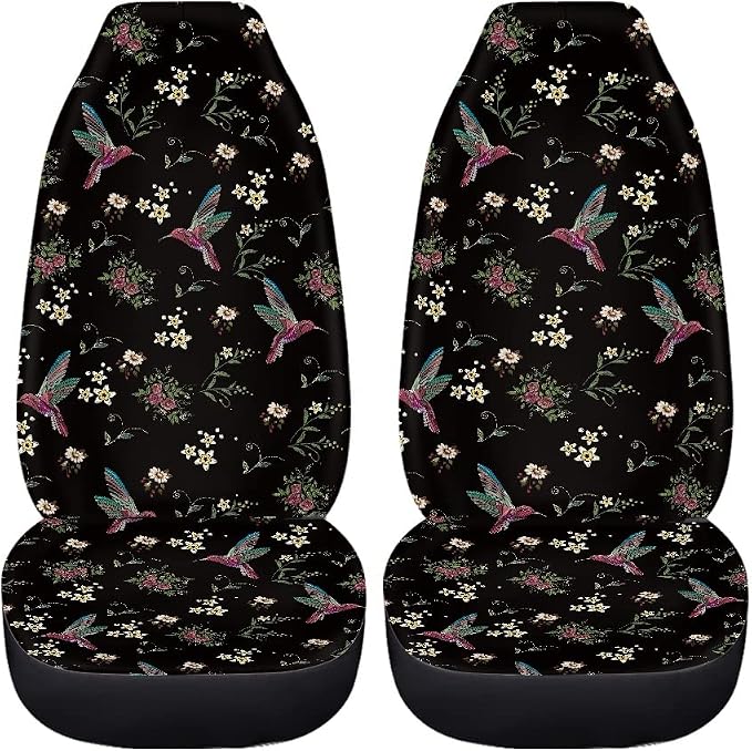 Floral Hummingbird Seat Covers for Car, Universal Stretchy Cars Front Seat Protectors Cover, Women Car Accessories Decoration Saddle Blanket for Bucket Seat, Set of 2