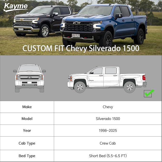 Kayme Heavy Duty Truck Cover Custom Fit Chevrolet Chevy Silverado 1500(1998-2025) Crew Cab SB Short Bed. Waterproof All Weather for Pickup, Full Exterior Covers Sun Rain UV Protection.