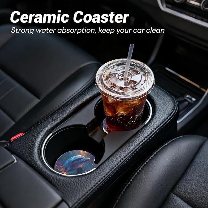 Car Cup Holder Ceramic Coasters 2 Pack, 2.56 in Anti Slip Absorbent Coaster with Cork Base and Finger Notch, Funny Cute Car Accessories Interior for Women, Killer Whale