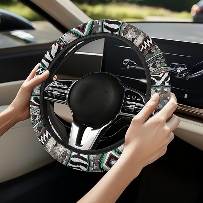 Wanyint Auto Steering Wheel Cover for Women Men, Universal 15 Inch Soft Elastic Steering Wheel Wrap Anti-Slip Easy to Install Car Accessories, Aztec Camo Zebra Print