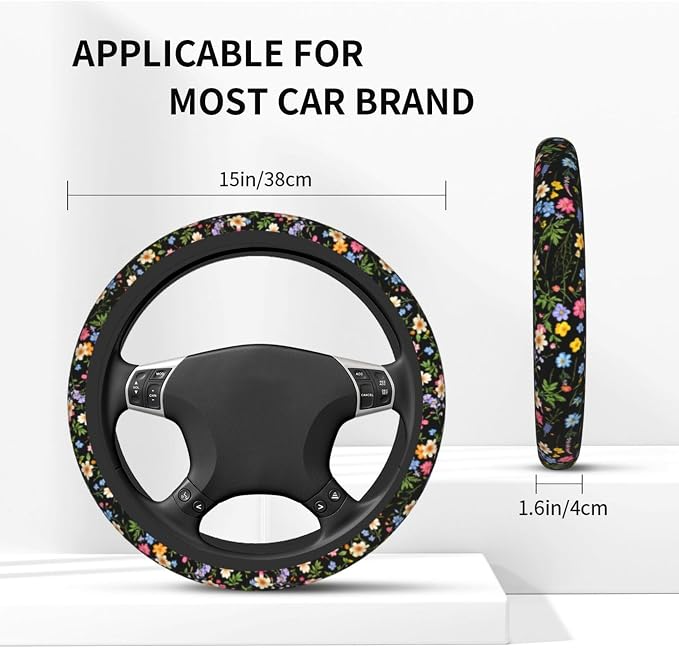 Wildflower Car Steering Wheel Cover - Multicolor Wildflower Steering Wheel Cover Anti-Slip Breathable Universal for 15 in 2 Pcs Car Interior Cup Holder Pad for Men Women