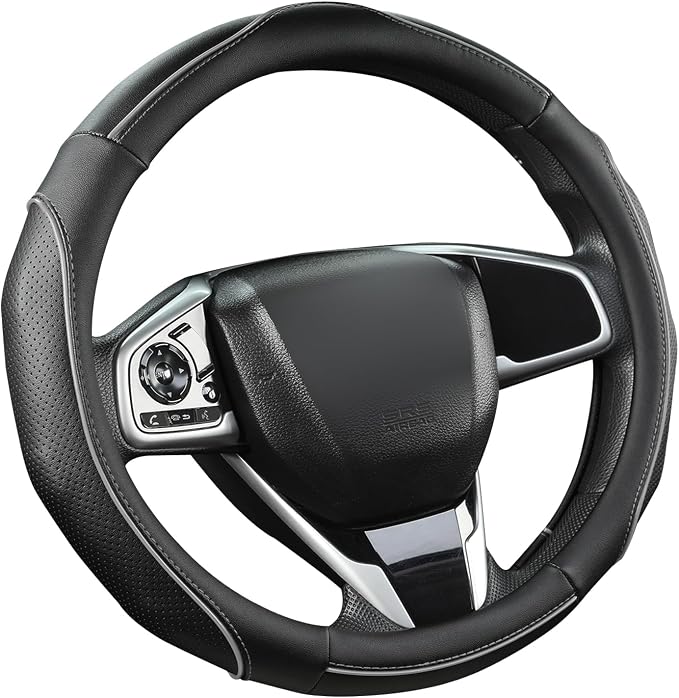 West Llama 3D Piping Leather Steering Wheel Cover for Honda Accord Civic CR-V HR-V Pilot Fit Passport Odyssey 14.5-15 inch(Black+Gray Line-Standrad Size)