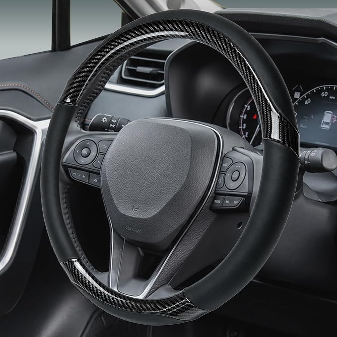 Yangday Leather Steering Wheel Cover for Toyota RAV4 Corolla Camry Highlander, 14.5-15 inches Car Steering Wheel Cover with Non-Slip Breathable (Carbon Black)