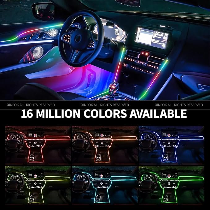 Ambient Lighting Car Led Lights Interior with APP, USB Powered Acrylic Neon Flexible Strip Fiber Optic LED Ambient Lighting kit,4 in 1 Car Center Console Dashboard RGB Sound Active Music Lights Sync