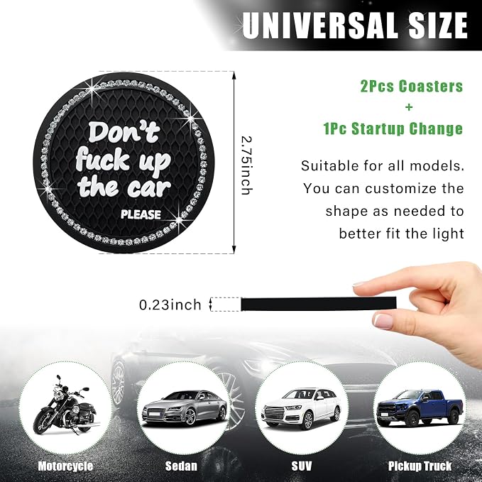 Ziciner 2 Pack Bling Car Cup Holder Coaster, 2.75 Inch Anti-Slip Auto Insert Cup Coaster, Crystal Car Drink Cup Mat Perfect for Women Girls, Universal Interior Decor Accessories (Black)