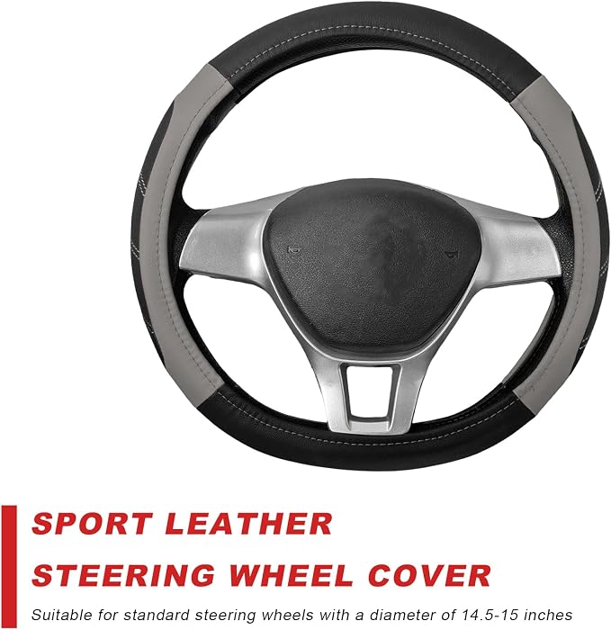 Sport Leather Steering Wheel Cover, 14.5-15 Inch Breathable Auto Steering Wheel Protector with Anti-Slip Lining, Soft Comfortable Leather Wheel Protector for Cars Trucks SUVs (Black & Gray)