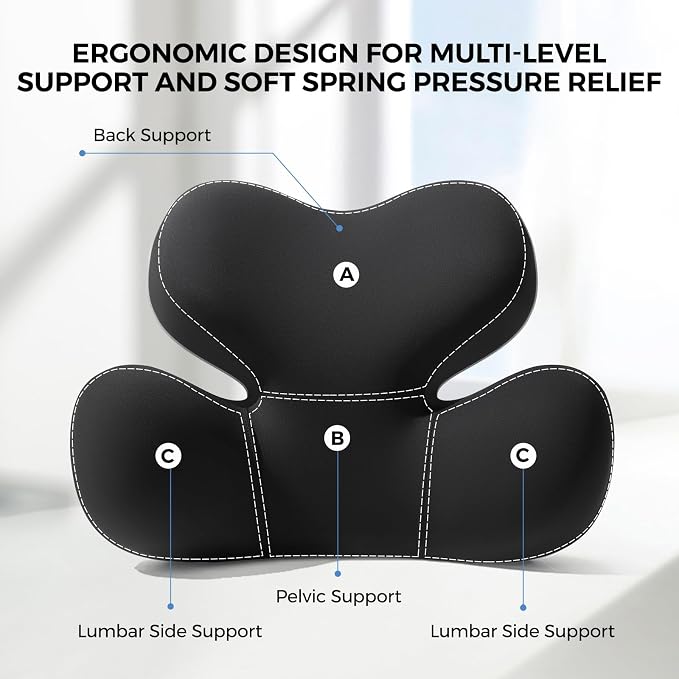 BEBAS Ergonomic Memory Foam Lumbar Support Pillow for Car, Black | Zoned Pressure Relief for Back Support, Lumbar Cushion with Fixed Ring, Breathable Washable Cover, Fits for Driving & Office