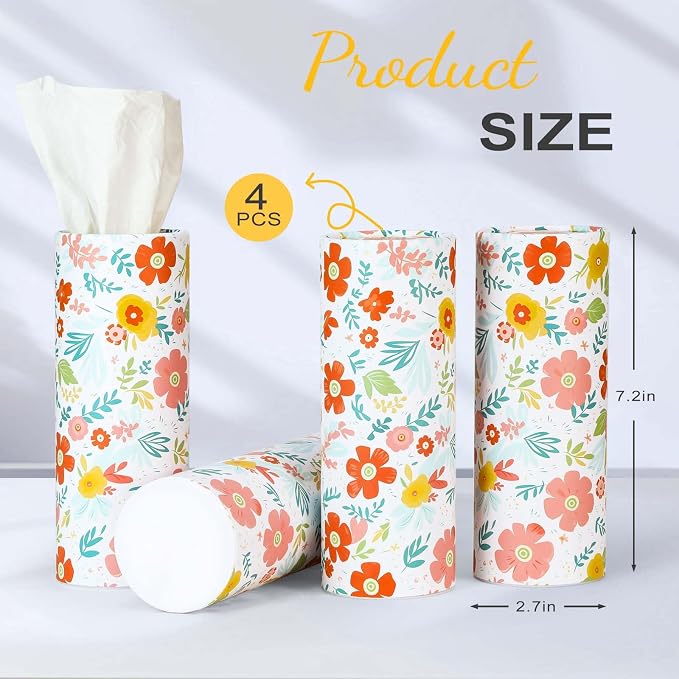 Car Tissue Holder Cylinder - 4 Pack, 50 3-Ply Tissues per Cylinder, Fits Car Cup Holders, Portable, Floral Design, Round Tissue Box for Car