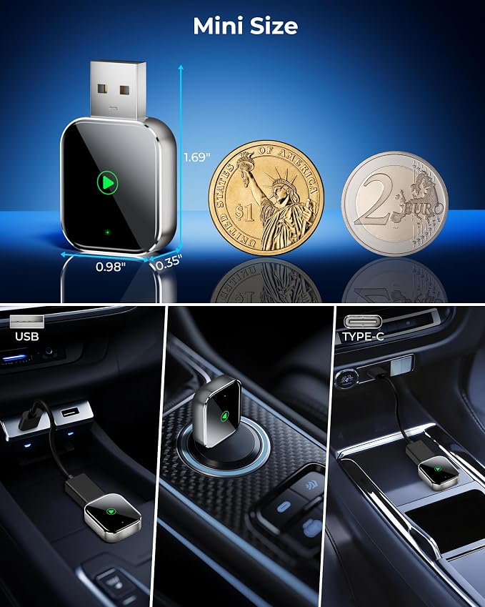 Mini CarPlay Wireless Adapter for Apple iPhone - Converts Wired to Wireless CarPlay Adapter, CarPlay Dongle Stick for Apple Wired CarPlay Cars & for iPhone iOS 10+, USB & Type-C, Plug & Play