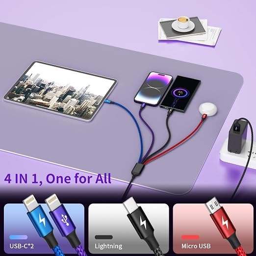 4 in 1 Multi Charging Cable, 2 Pack 5FT Dual IP Charging Cords | USB Cable with IP/IP, USB C & Micro Ports, Nylon Braided Phone Charger for Multiple Devices, Travel & Car Use