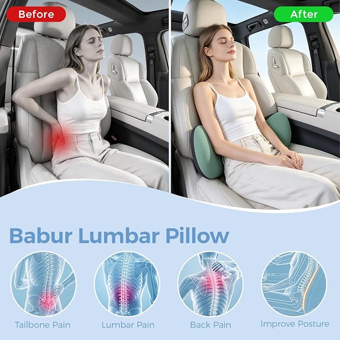 BEBAS Lumbar Support Pillow for Car, Memory Foam Back Cushion for Driving | Ergonomic Wing Wrapping, Back Pain Relief, Breathable Removable Cover, Softness, Universal Fit Car Seat, Office Chair