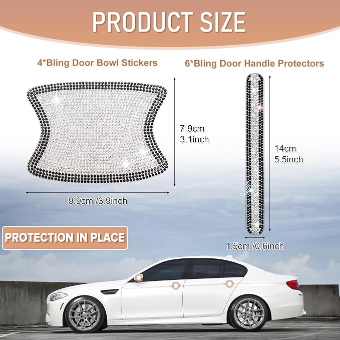 10 PCS Bling Car Door Handle Protector, Shiny Crystal Rhinestone Anti-Scratch Universal Cars Door Handle Protective Cover, Glitter Auto Accessories for Women (Black and White)