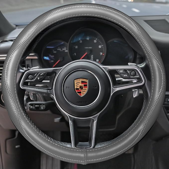 HAOKAY Top Grade Gray Genuine Leather Steering Wheel Cover Men Women, Luxury Steering Wheel Cover for Cars, SUVS and Trucks, Universal 14.5-15 inch