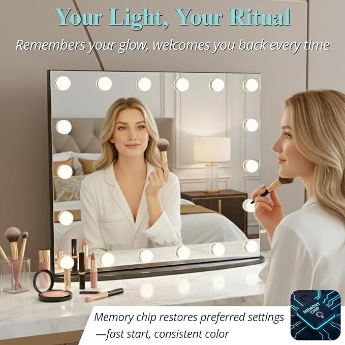 LUXFURNI Vanity Mirror with Lights, 23.6" Hollywood Makeup Mirror Black