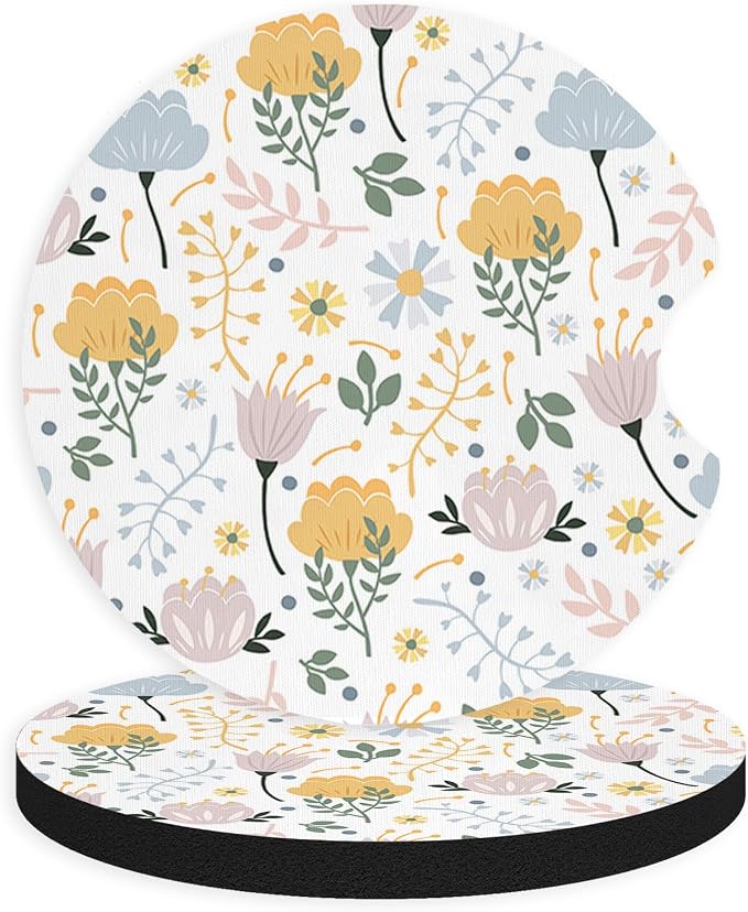 2pcs Cute Yellow Flowers Cute Flowers Car Coasters,Absorbent Universal neoprener Cup Holder Coasters with a Finger Notch,Car Accessories for Women&Man Interior，2.75" 6