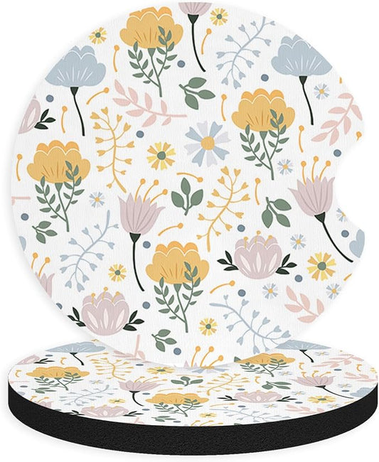 2pcs Cute Yellow Flowers Cute Flowers Car Coasters,Absorbent Universal neoprener Cup Holder Coasters with a Finger Notch,Car Accessories for Women&Man Interior，2.75" 6